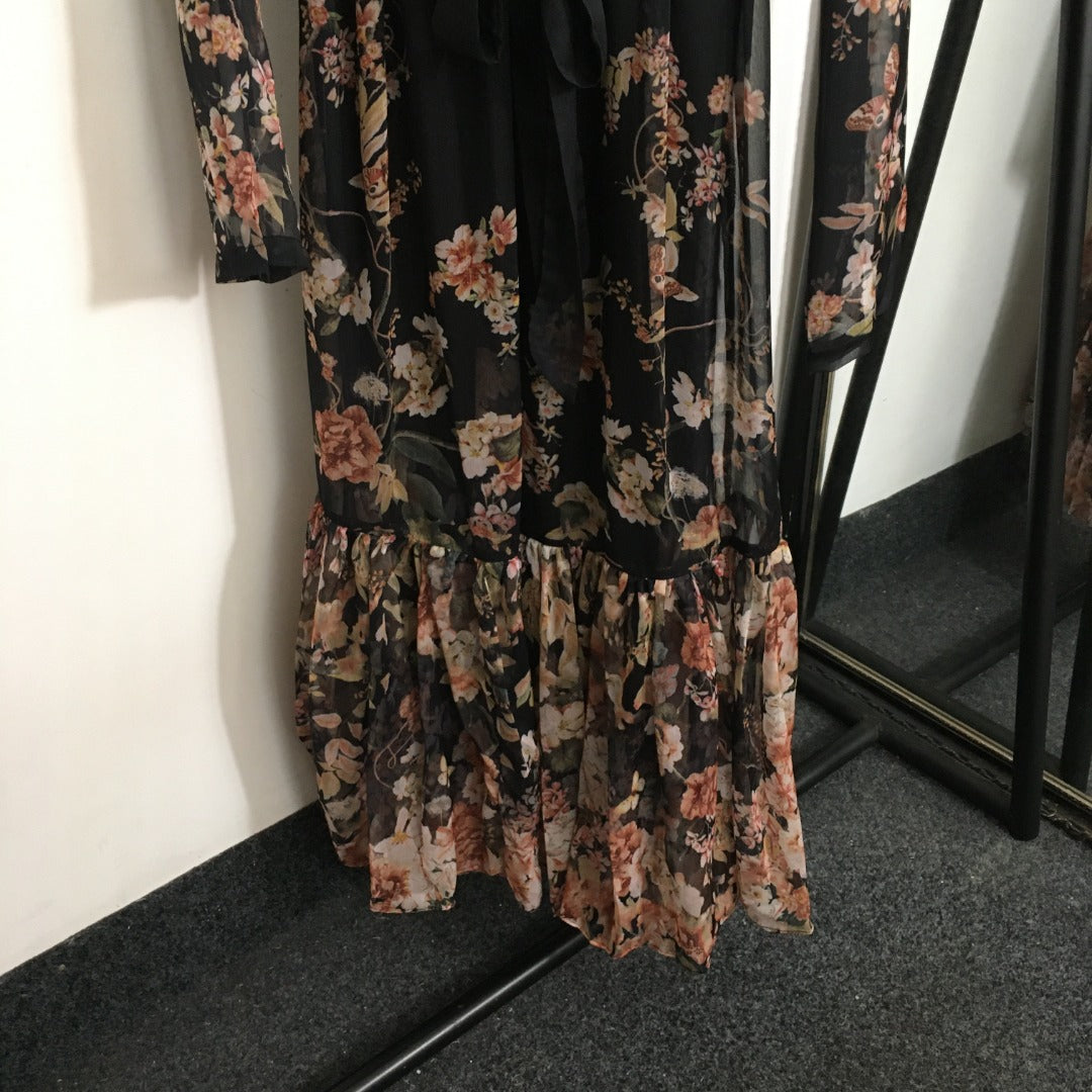 Zimmerma** Pink Small Flower Print Lotus Leaf Long Sleeve Flowing Silk Black Dress Long Skirt