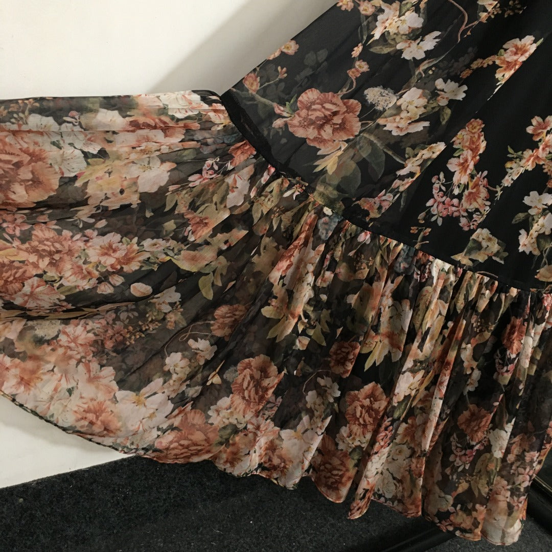 Zimmerma** Pink Small Flower Print Lotus Leaf Long Sleeve Flowing Silk Black Dress Long Skirt