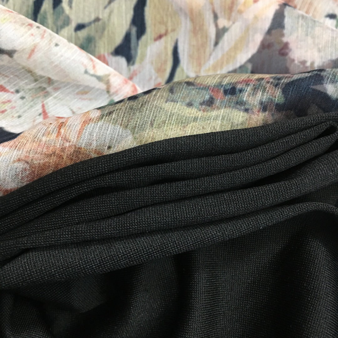 Zimmerma** Pink Small Flower Print Lotus Leaf Long Sleeve Flowing Silk Black Dress Long Skirt