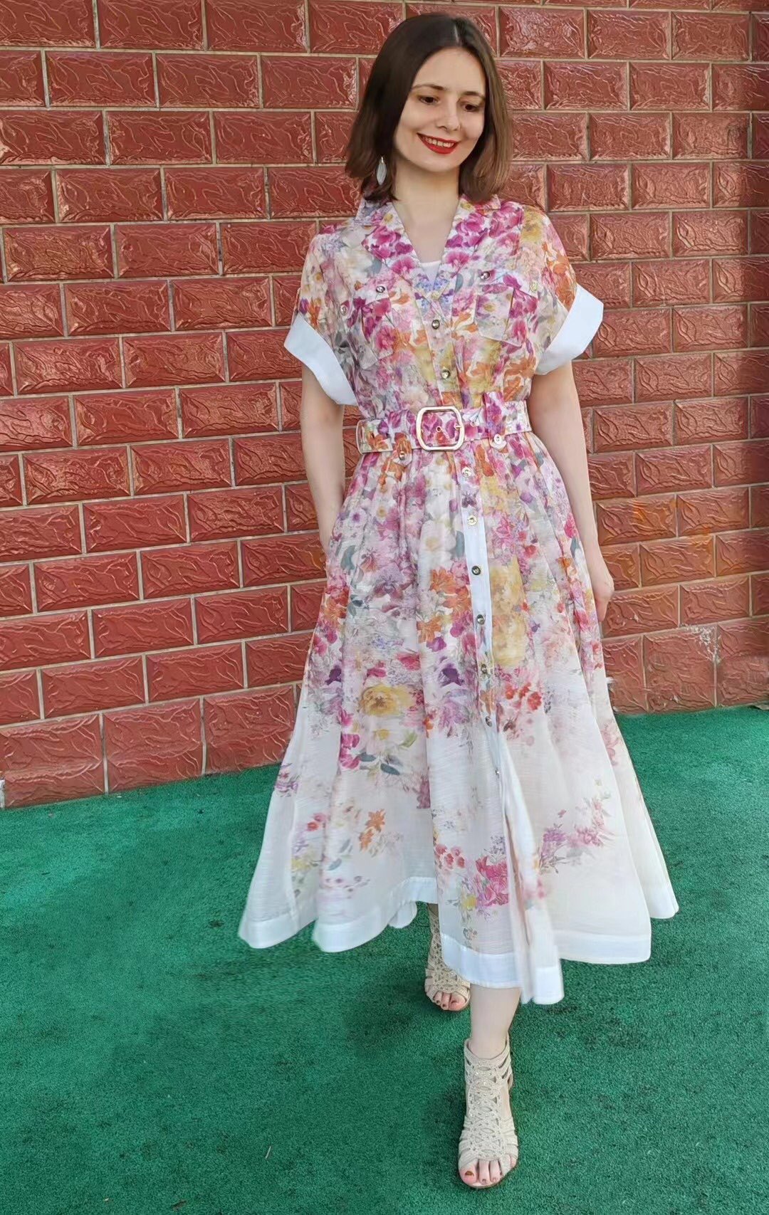 Zimmerma** new linen flower print waist short sleeve dress long skirt