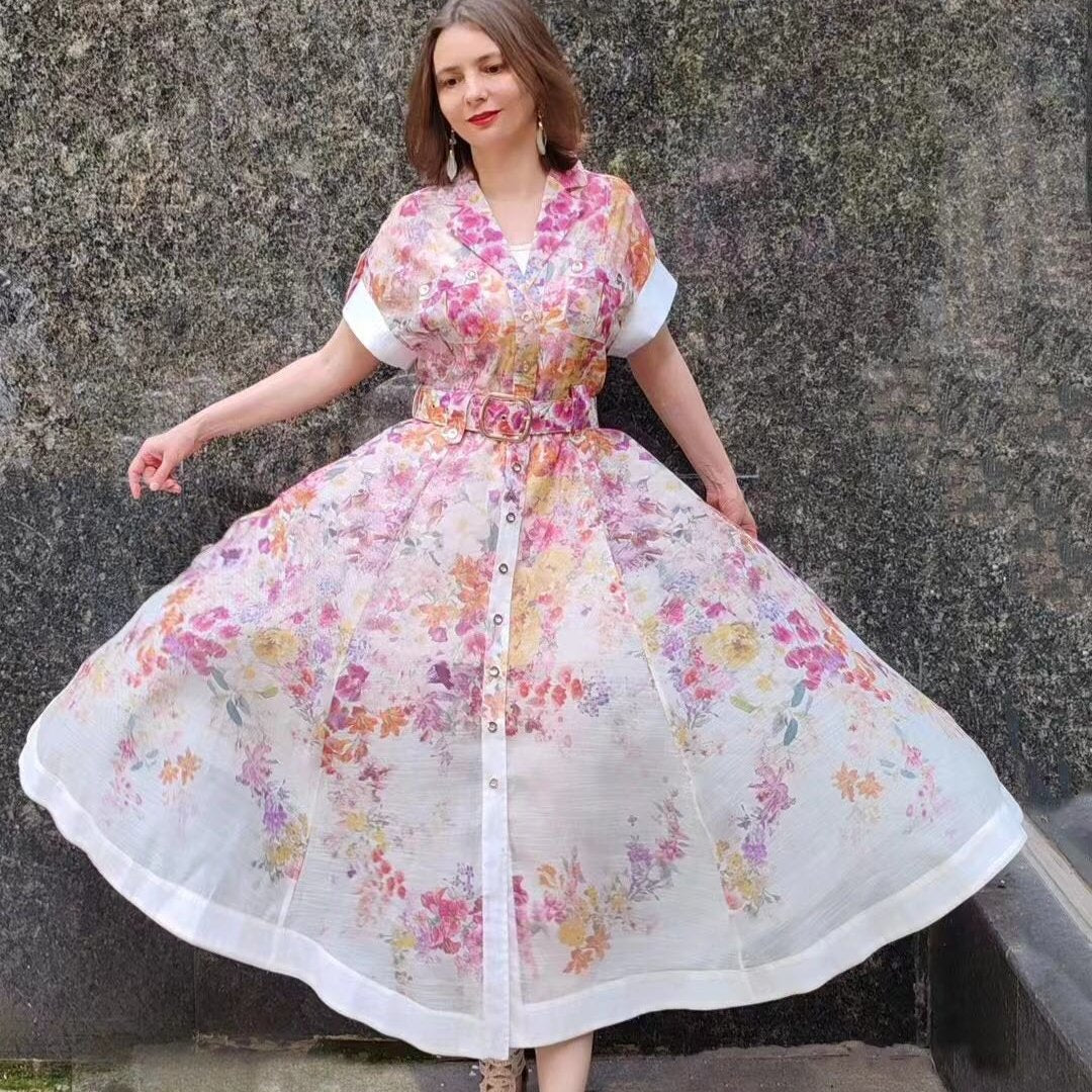 Zimmerma** new linen flower print waist short sleeve dress long skirt