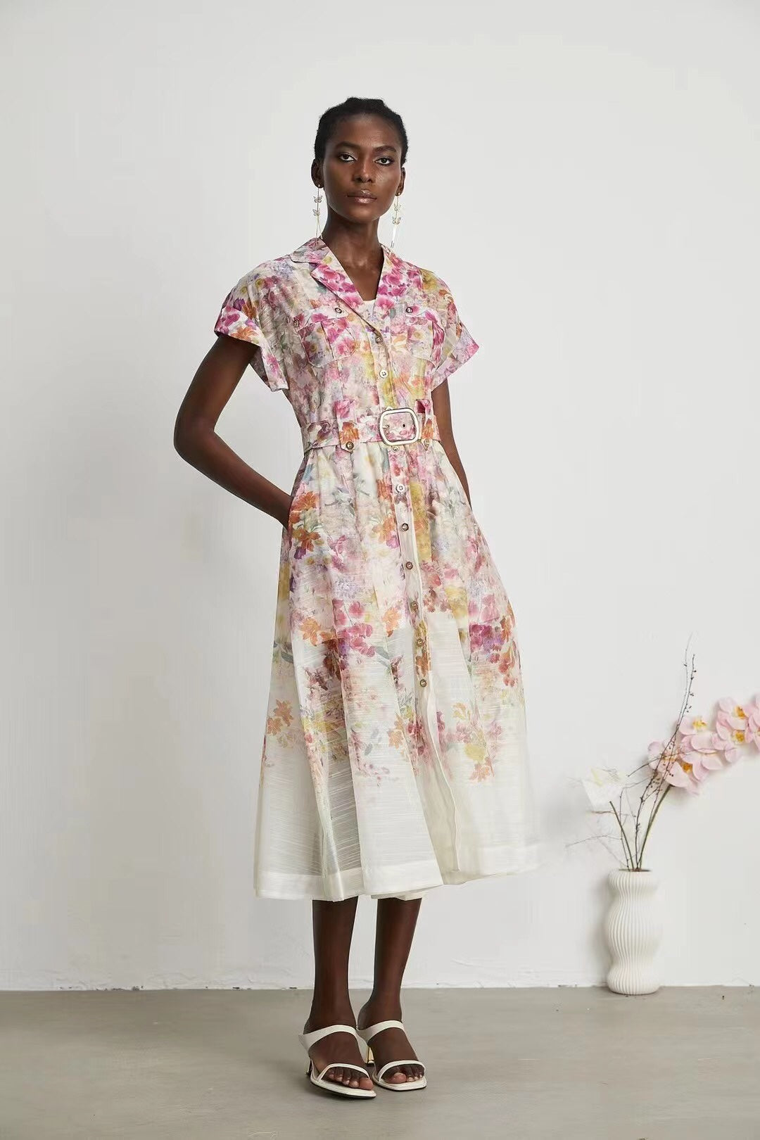 Zimmerma** new linen flower print waist short sleeve dress long skirt