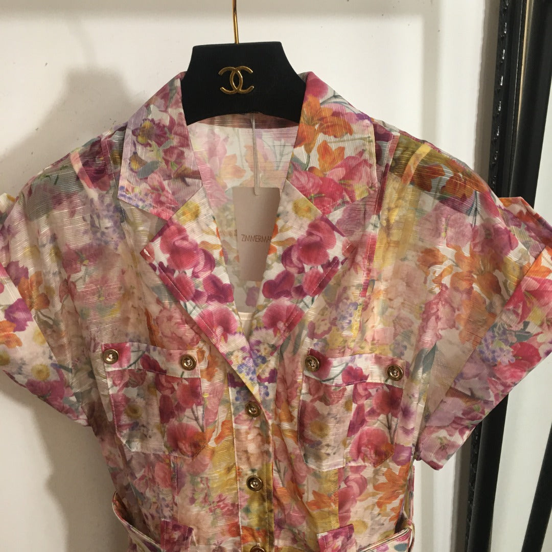 Zimmerma** new linen flower print waist short sleeve dress long skirt