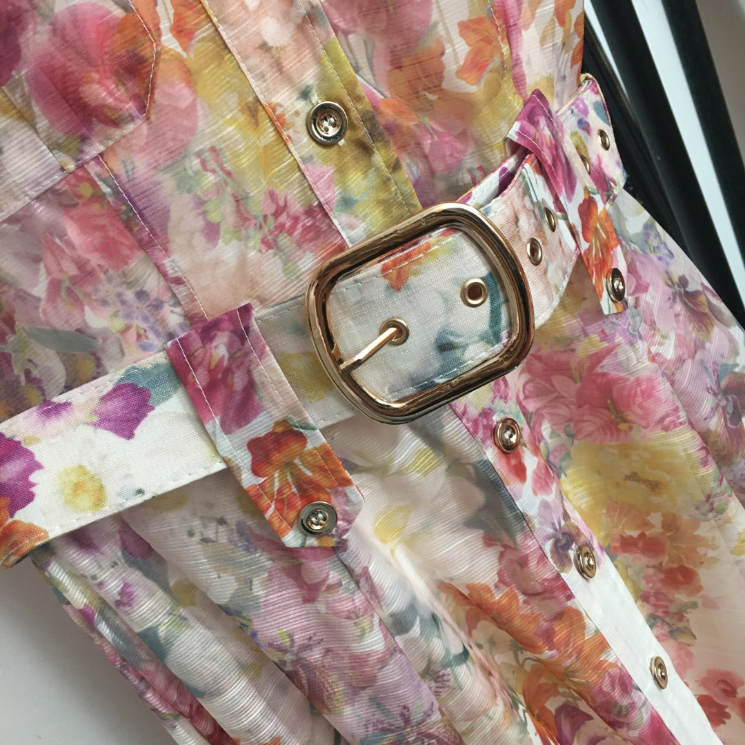 Zimmerma** new linen flower print waist short sleeve dress long skirt