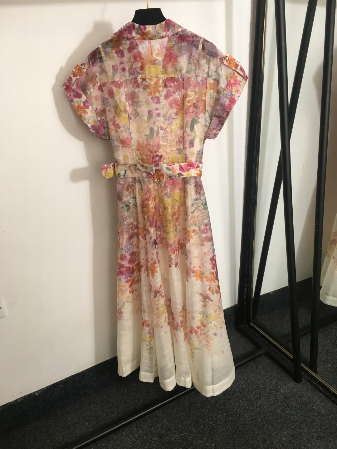 Zimmerma** new linen flower print waist short sleeve dress long skirt