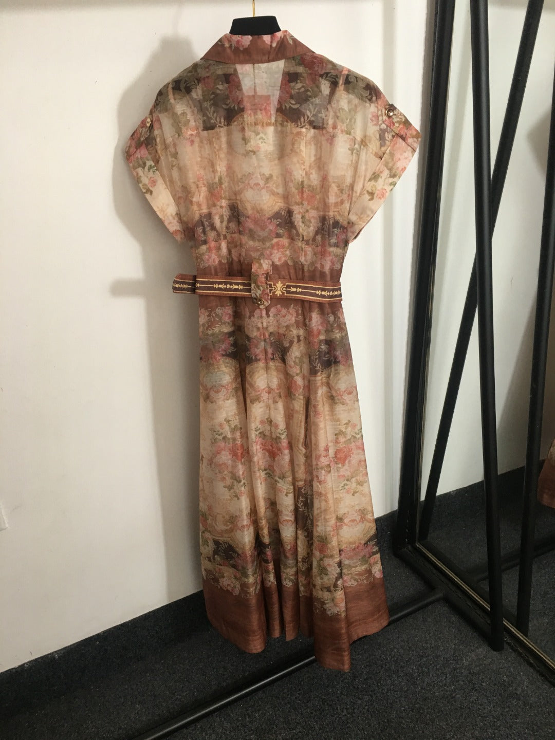 Zimmerma** New Pink Linen Flower Print Waist Short Sleeve Dress Long Skirt