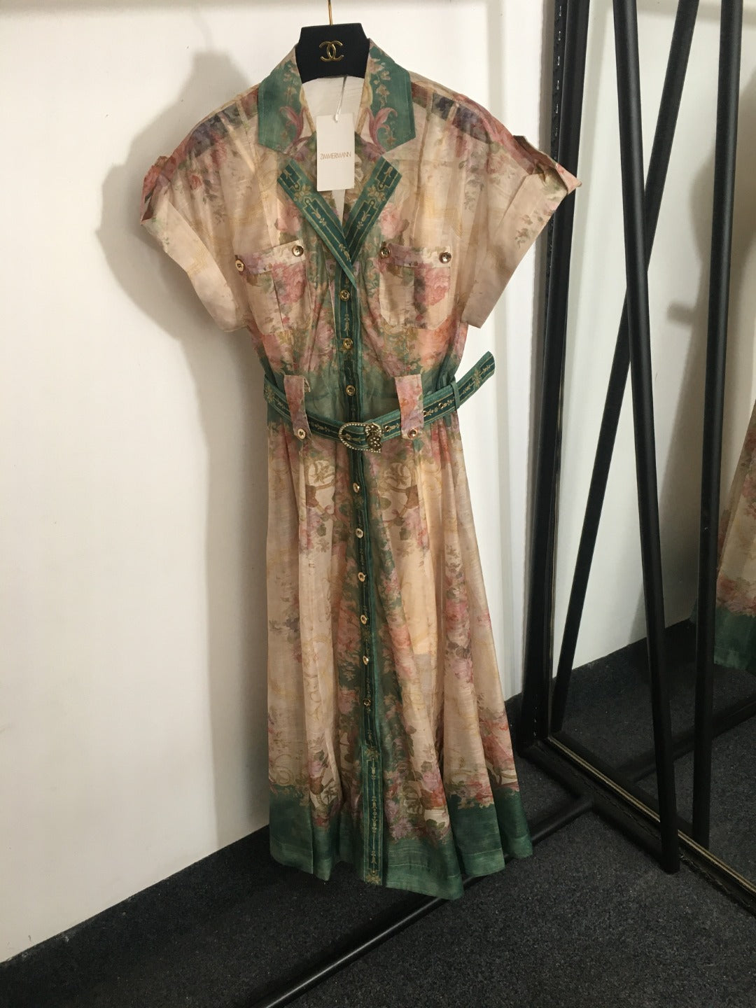 Zimmerma** New Pink Linen Flower Print Waist Short Sleeve Dress Long Skirt