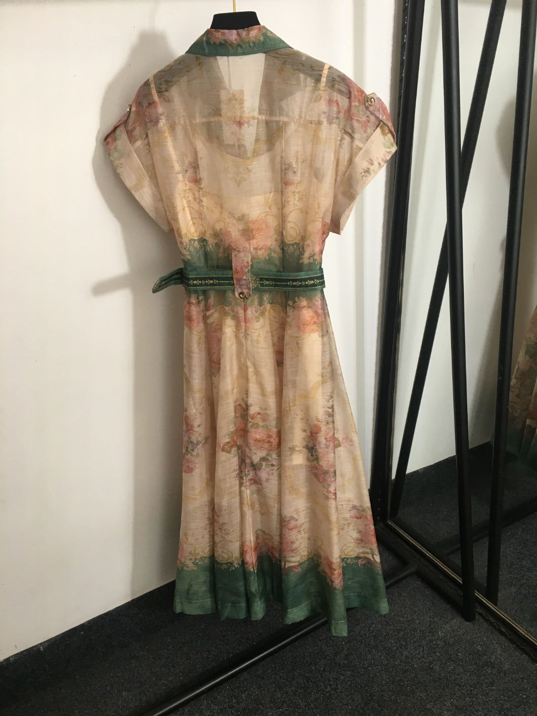 Zimmerma** New Pink Linen Flower Print Waist Short Sleeve Dress Long Skirt