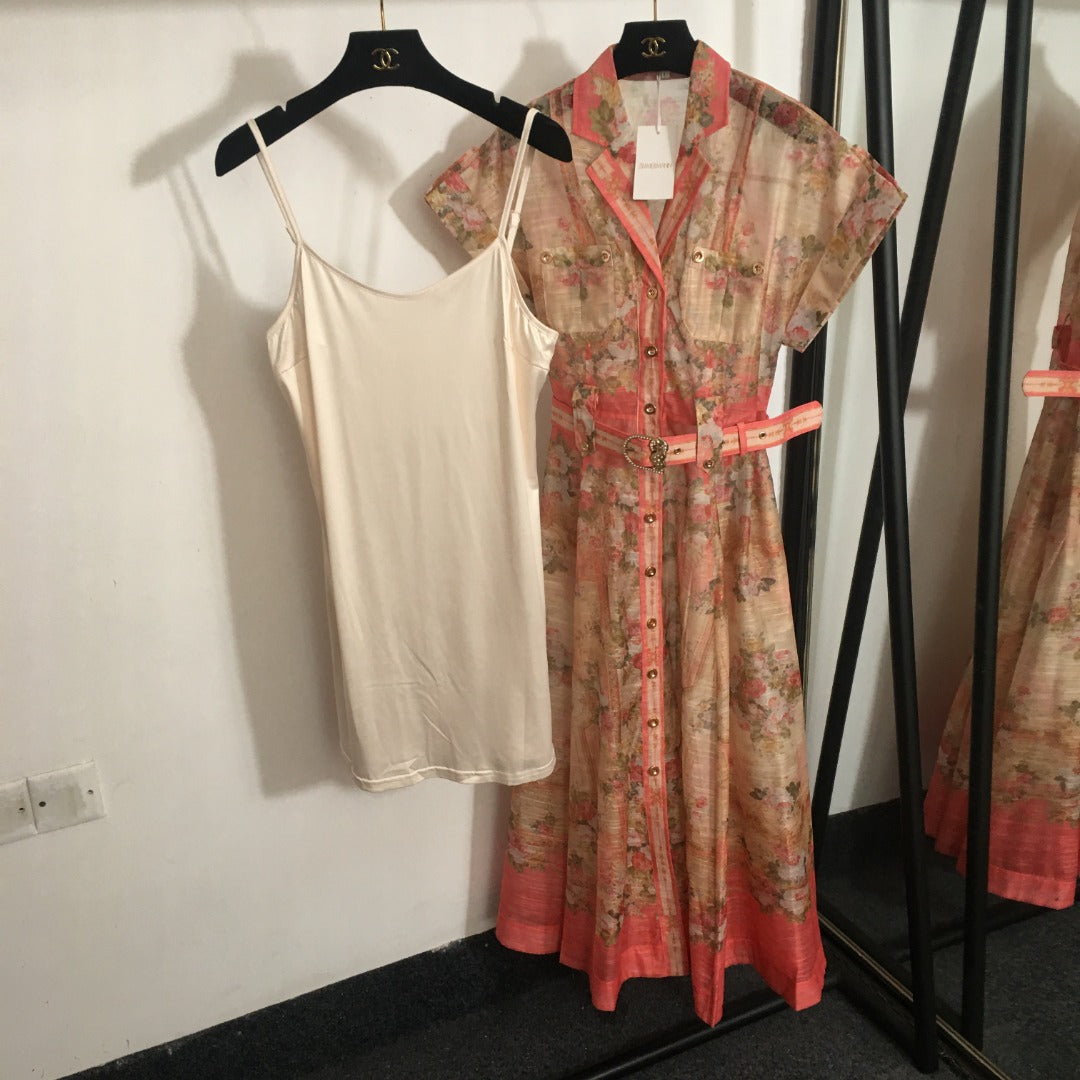 Zimmerma** New Pink Linen Flower Print Waist Short Sleeve Dress Long Skirt