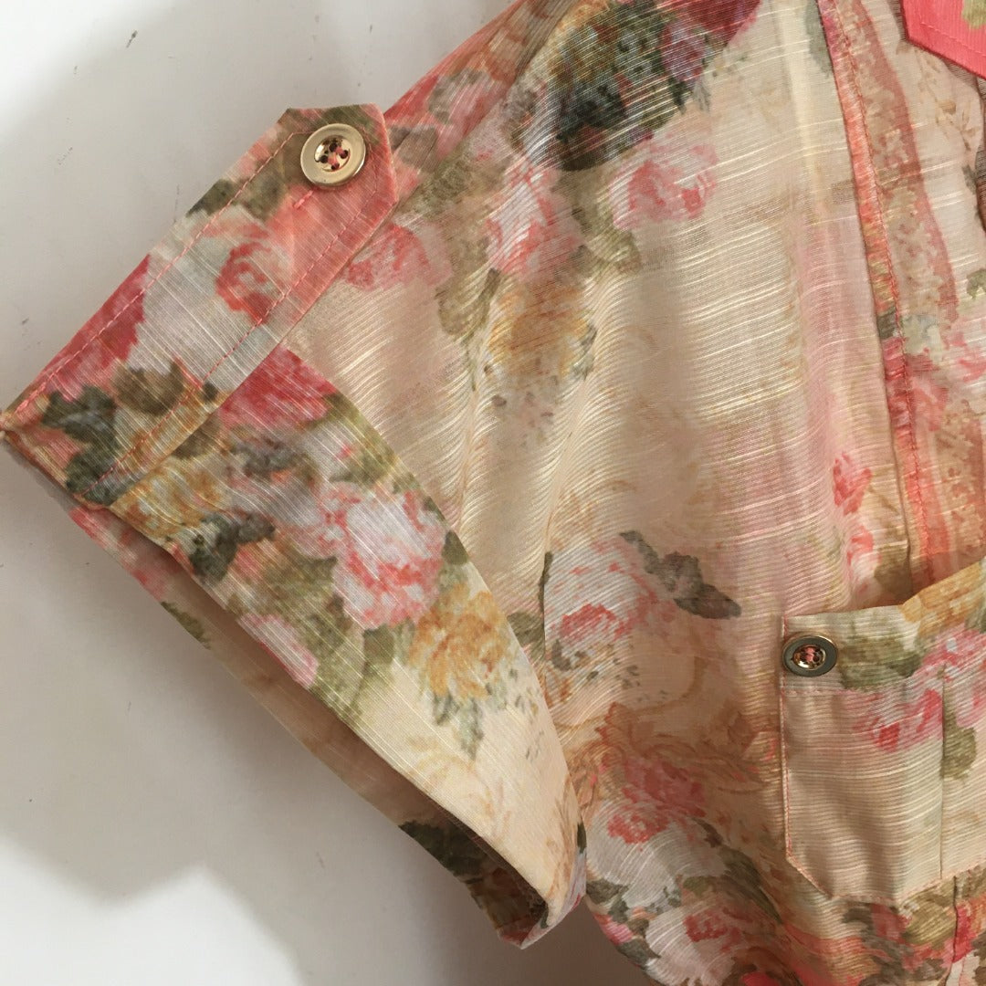 Zimmerma** New Pink Linen Flower Print Waist Short Sleeve Dress Long Skirt