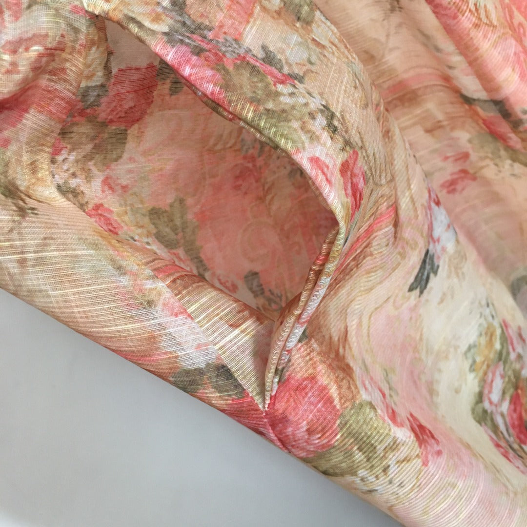 Zimmerma** New Pink Linen Flower Print Waist Short Sleeve Dress Long Skirt