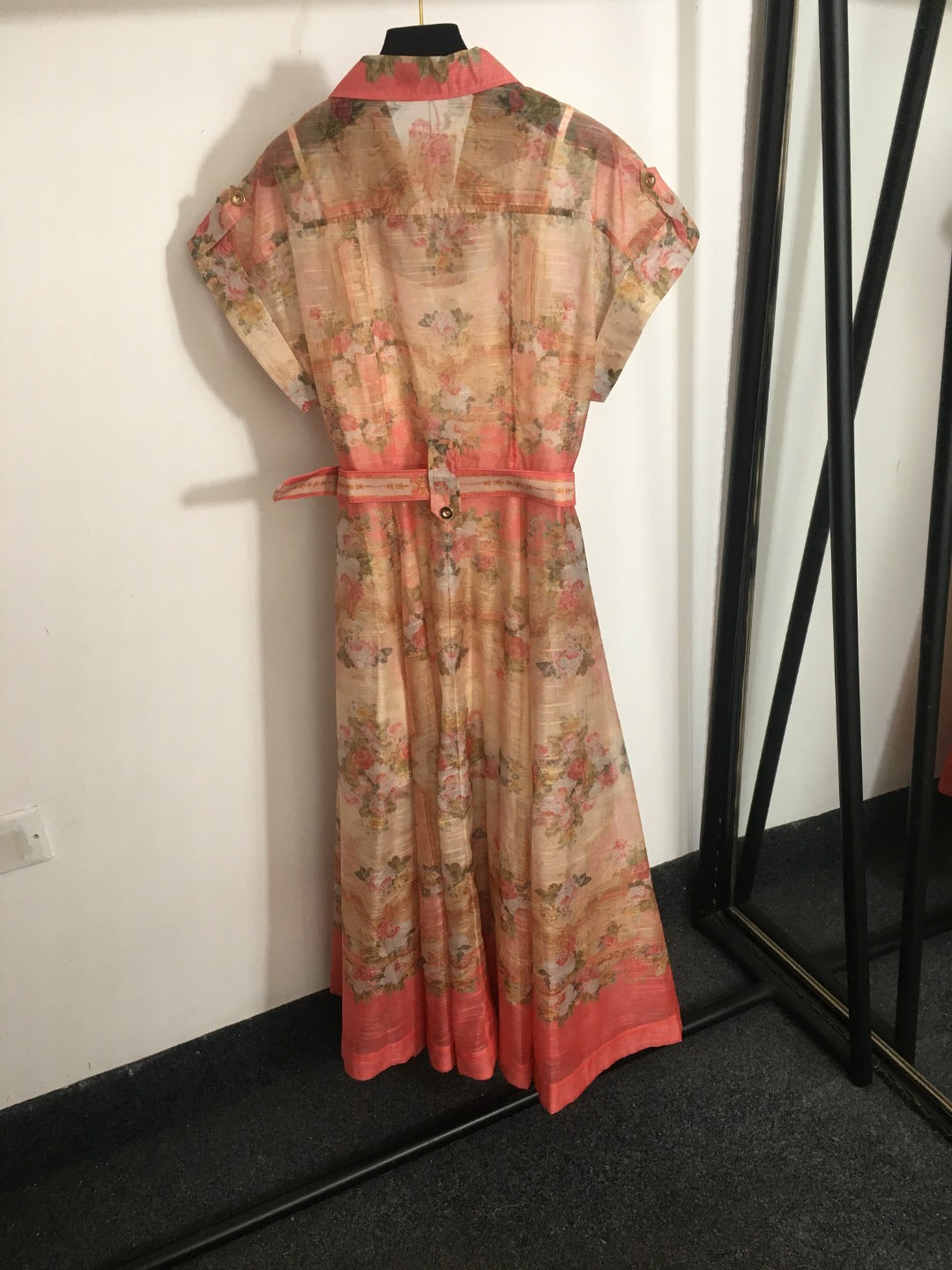 Zimmerma** New Pink Linen Flower Print Waist Short Sleeve Dress Long Skirt