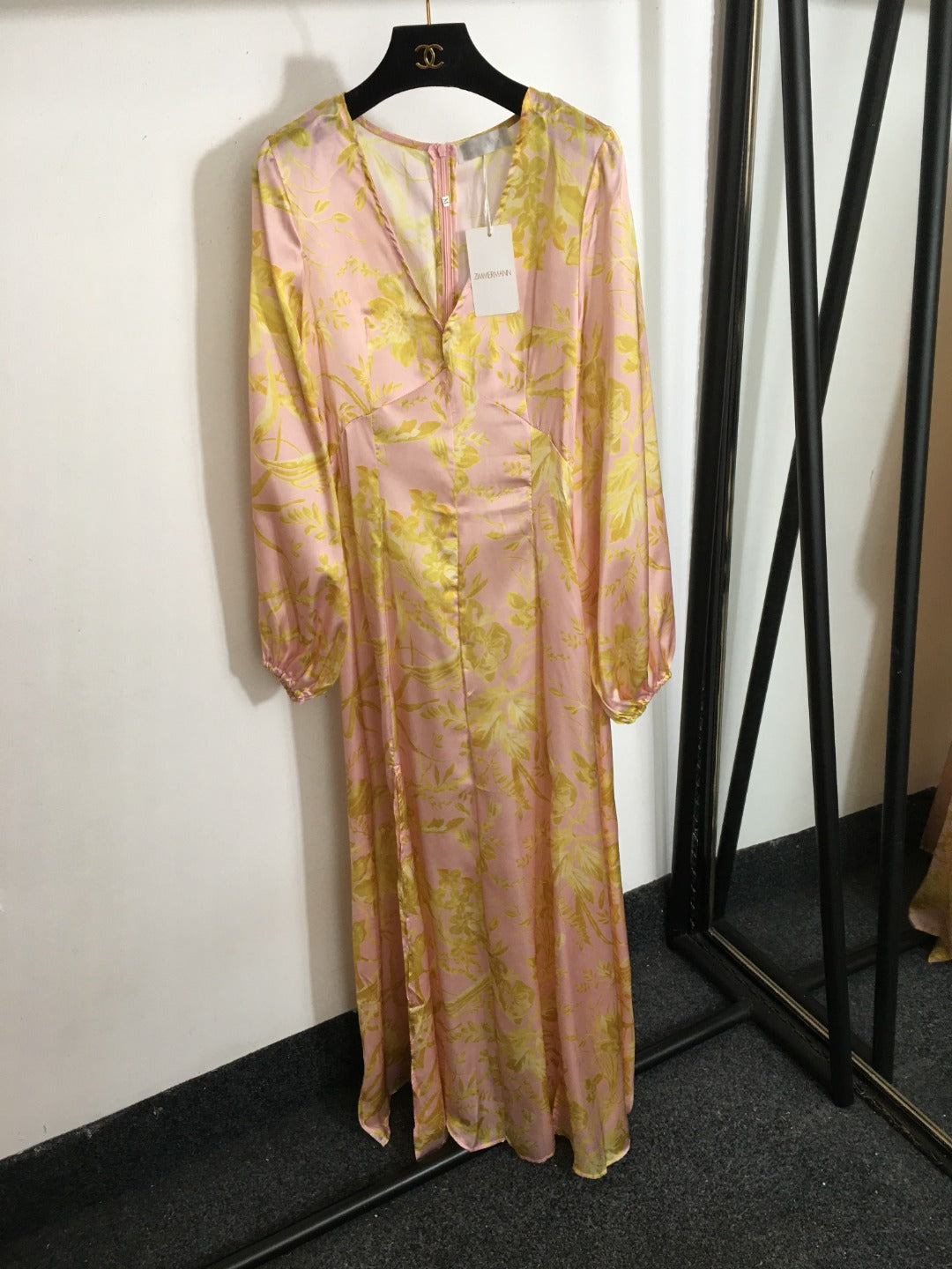 Zimmerma** Yellow Flower Print V-Neck Waist Lantern Long Sleeve Silk Dress