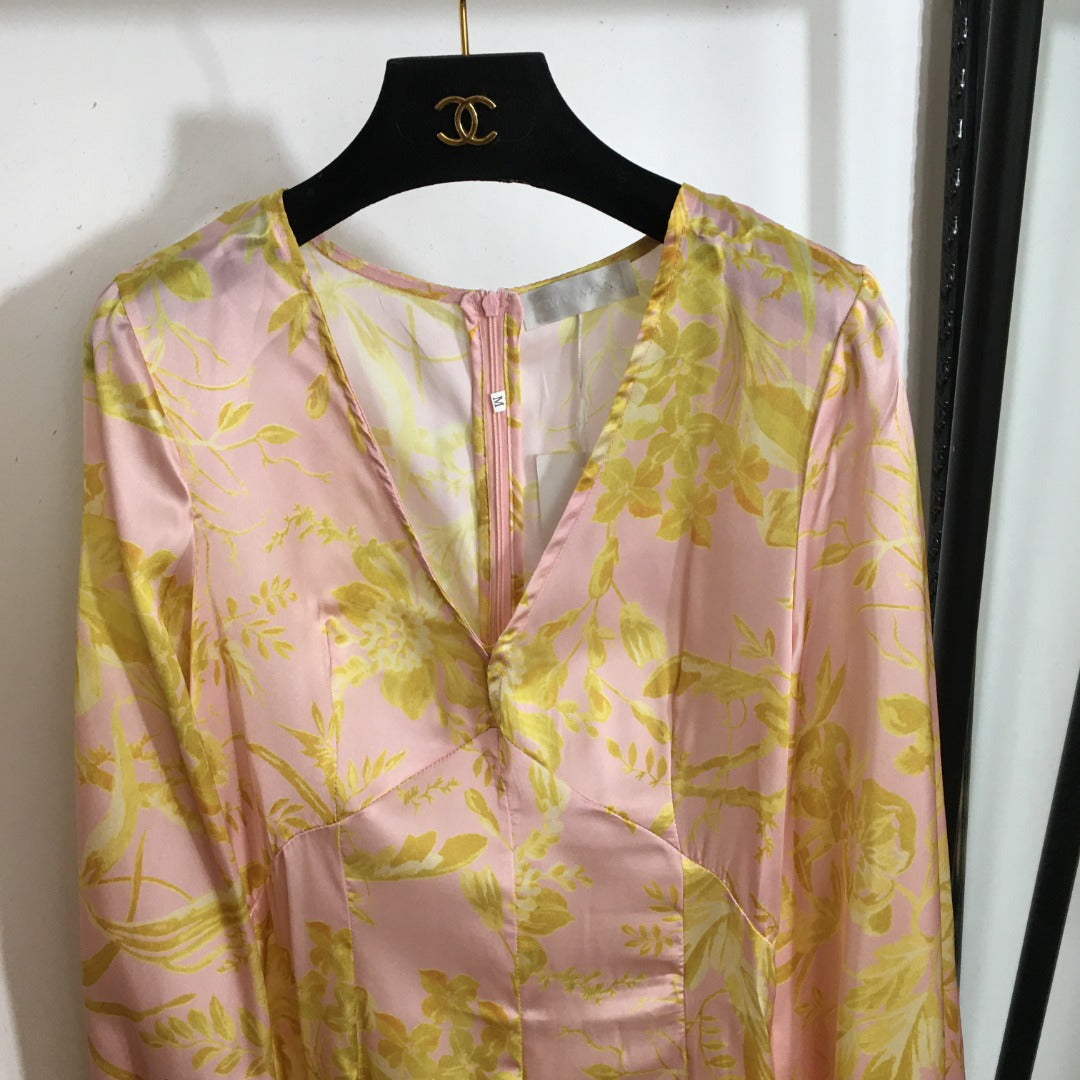 Zimmerma** Yellow Flower Print V-Neck Waist Lantern Long Sleeve Silk Dress