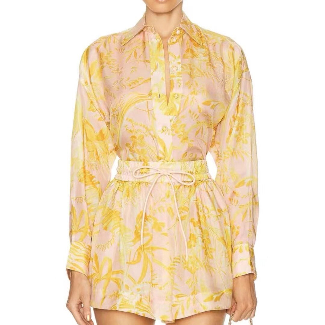 Zimmerma** new suit, yellow flower print long-sleeved shirt + shorts