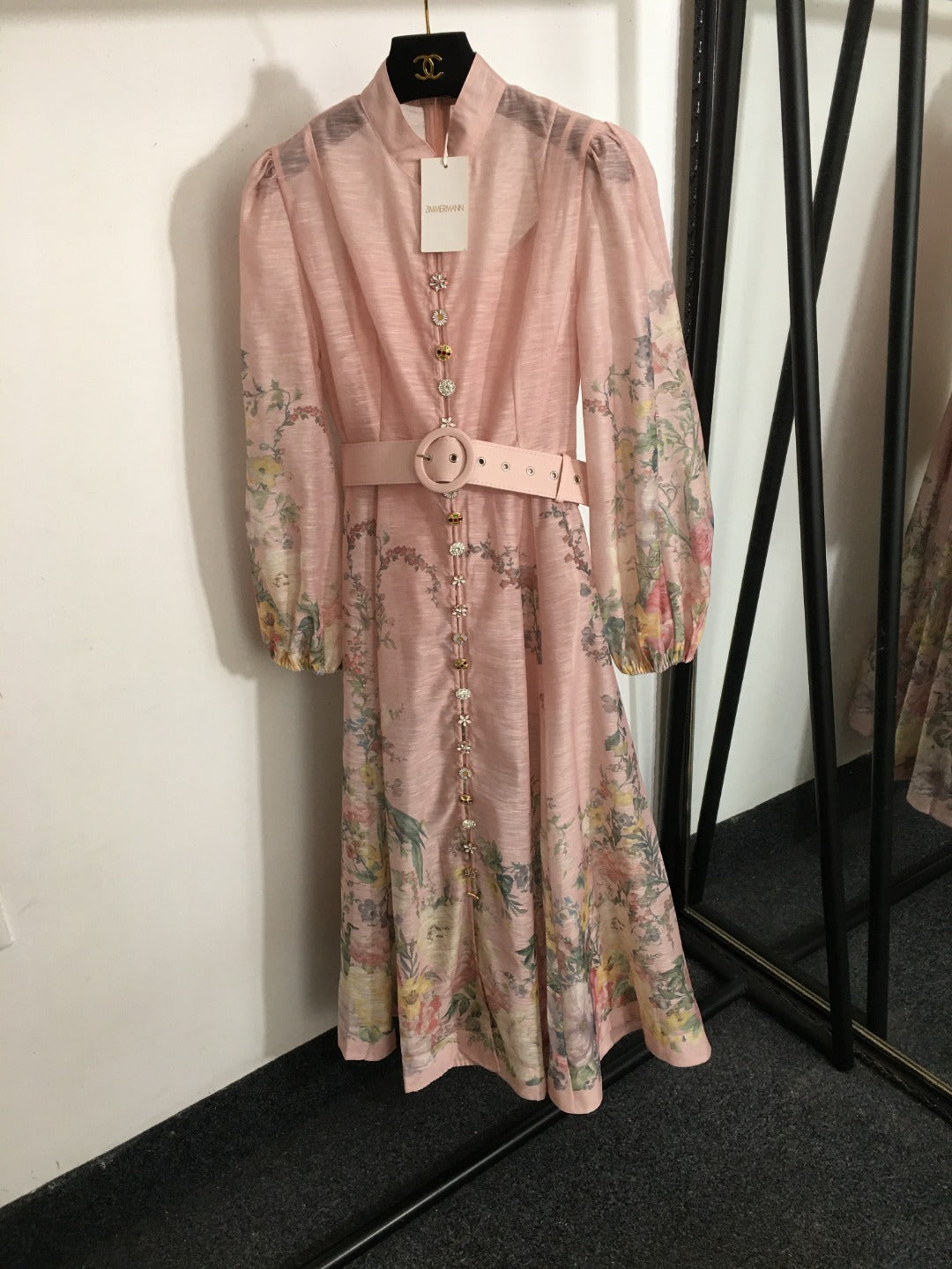 Zimmerma** new style elegant temperament linen colorful flower print diamond button lantern long sleeve dress with belt and suspender lining