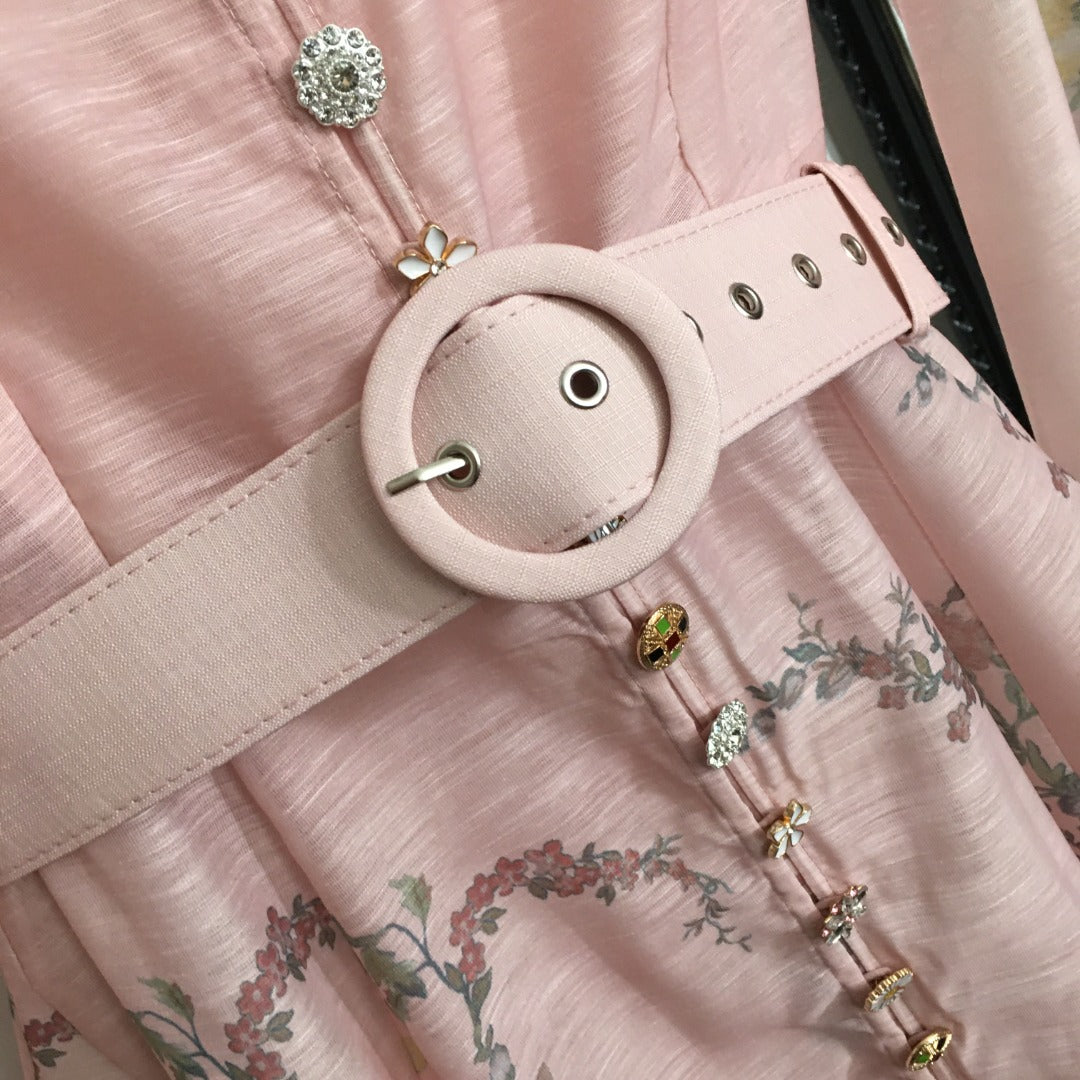 Zimmerma** new style elegant temperament linen colorful flower print diamond button lantern long sleeve dress with belt and suspender lining