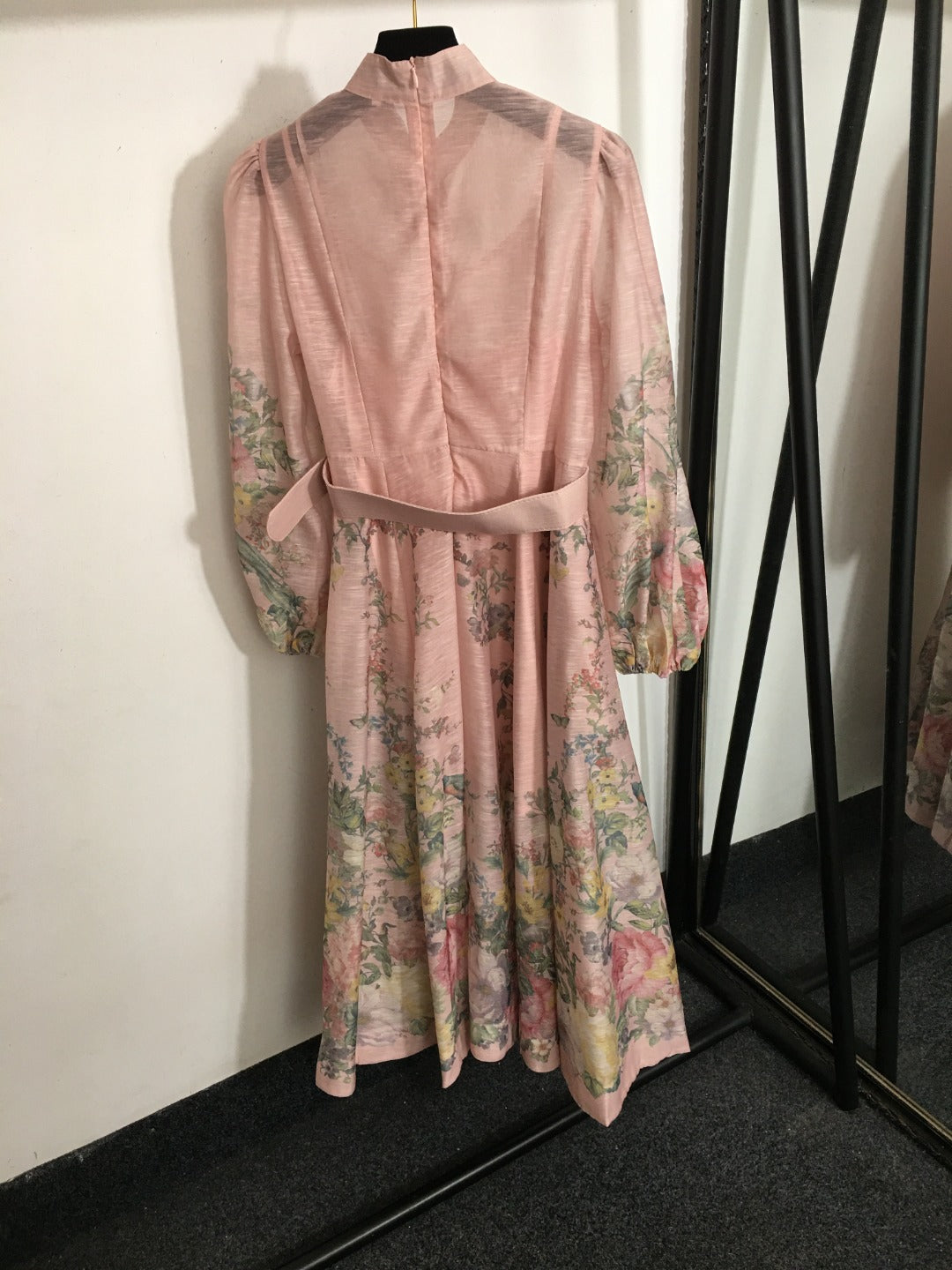 Zimmerma** new style elegant temperament linen colorful flower print diamond button lantern long sleeve dress with belt and suspender lining