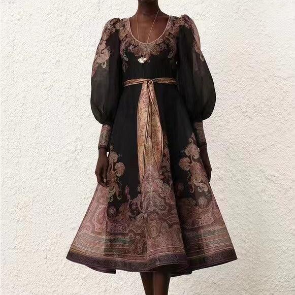 Zimmerma** Retro Flower Print Tie Waist Lantern Long Sleeve Dress, Black