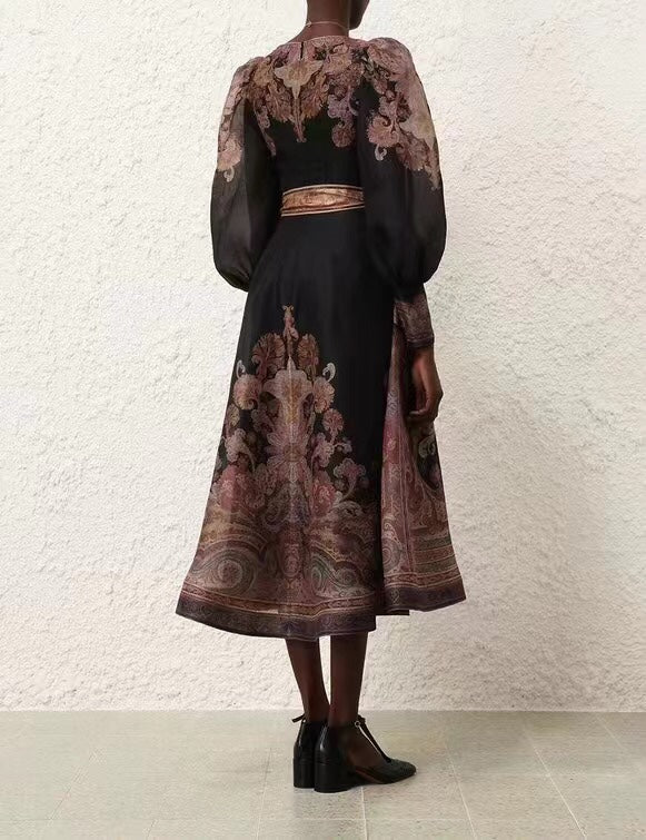 Zimmerma** Retro Flower Print Tie Waist Lantern Long Sleeve Dress, Black