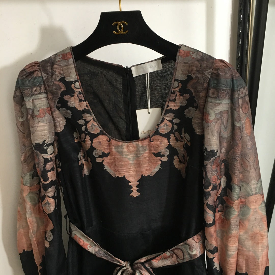 Zimmerma** Retro Flower Print Tie Waist Lantern Long Sleeve Dress, Black