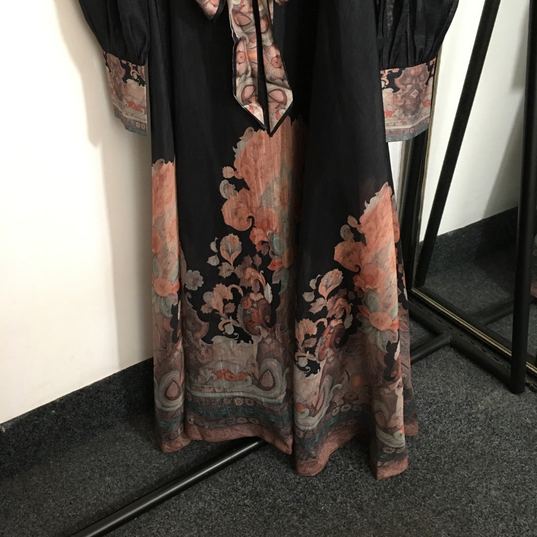 Zimmerma** Retro Flower Print Tie Waist Lantern Long Sleeve Dress, Black