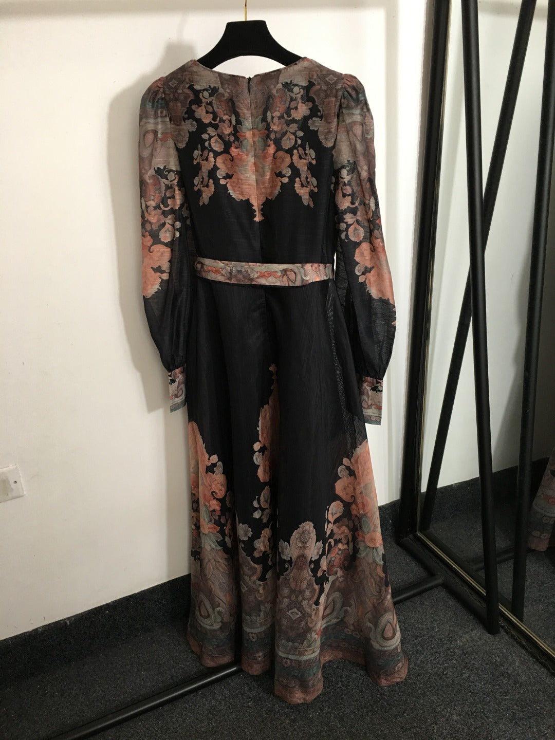 Zimmerma** Retro Flower Print Tie Waist Lantern Long Sleeve Dress, Black