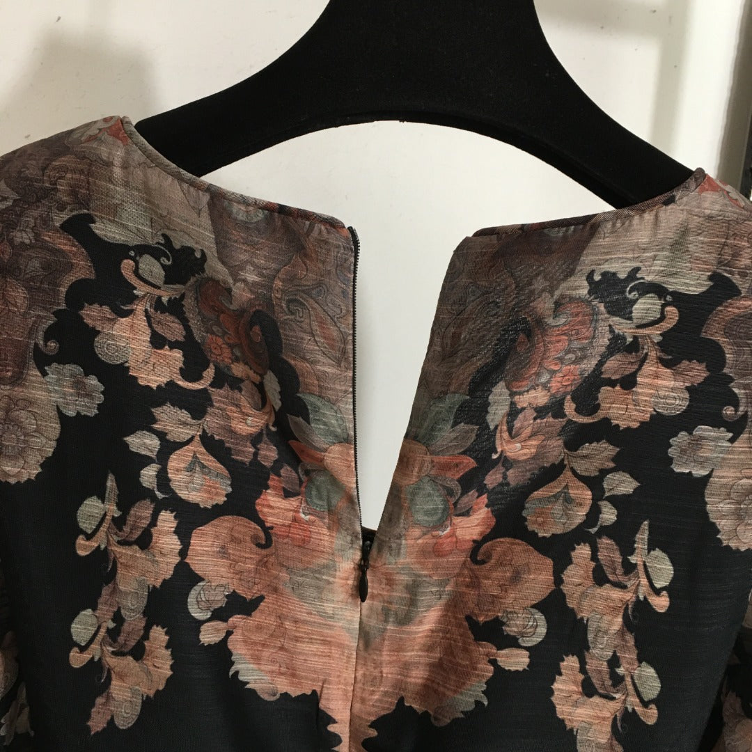 Zimmerma** Retro Flower Print Tie Waist Lantern Long Sleeve Dress, Black