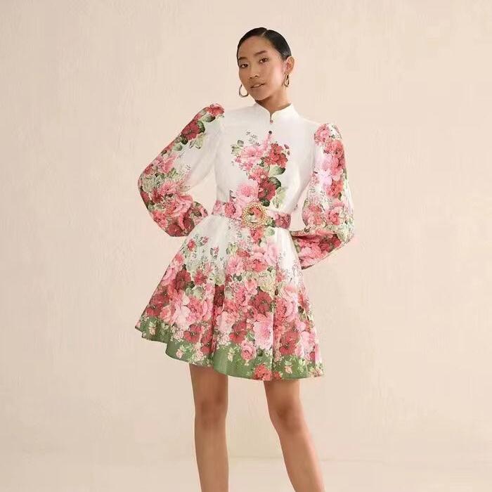 Zimmerma** new style temperament red flower print stand collar long sleeve dress with belt