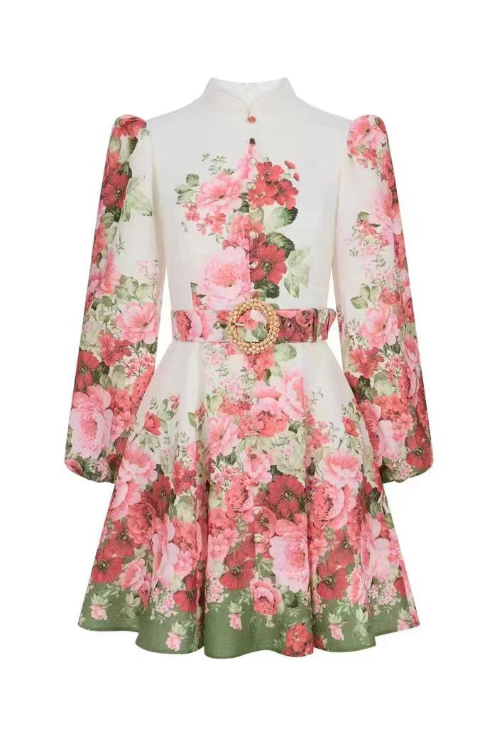 Zimmerma** new style temperament red flower print stand collar long sleeve dress with belt