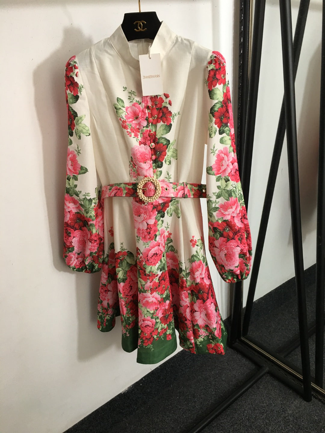 Zimmerma** new style temperament red flower print stand collar long sleeve dress with belt