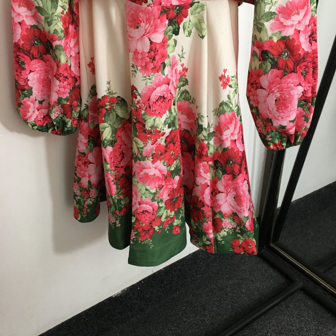 Zimmerma** new style temperament red flower print stand collar long sleeve dress with belt