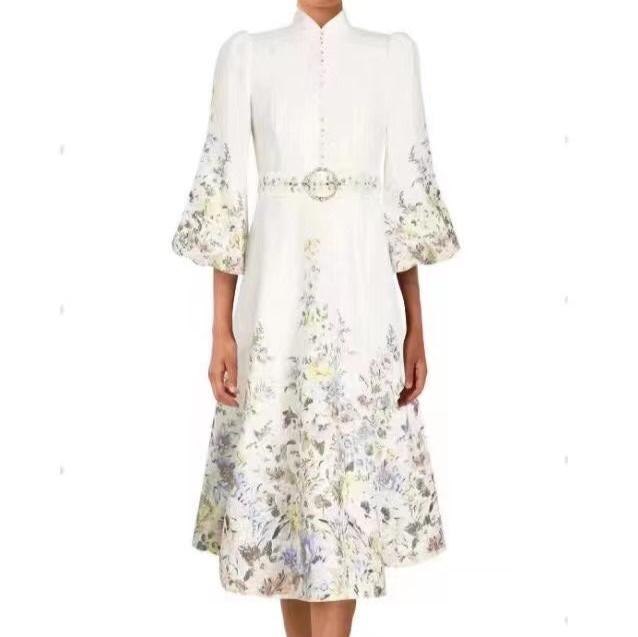Zim** new elegant floral print custom shell button lantern long sleeve dress with belt, white