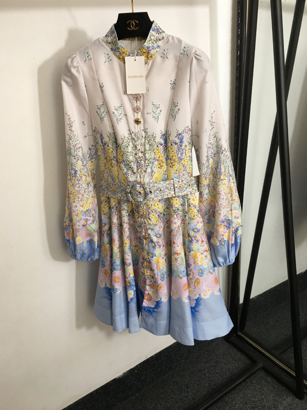 Zim** new style colorful flower print diamond button lantern long sleeve dress long skirt with belt, white