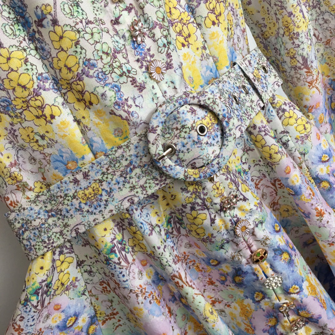 Zim** new style colorful flower print diamond button lantern long sleeve dress long skirt with belt, white