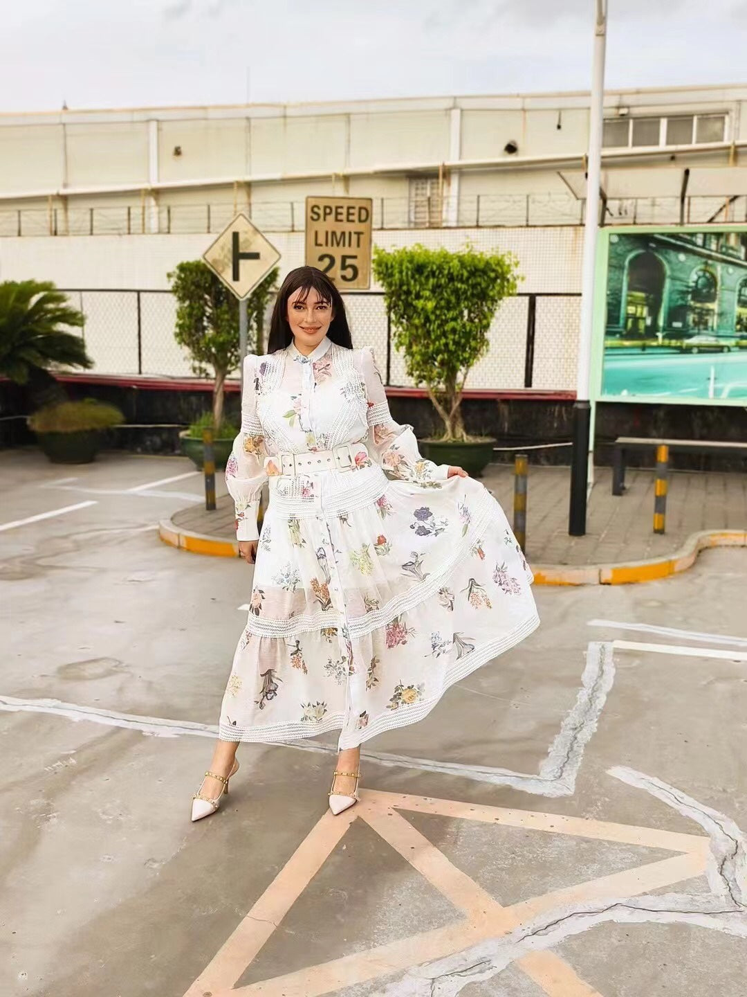 Zim** Linen colorful flower print Pearl button collar waist long sleeve dress with belt and suspender lining, white