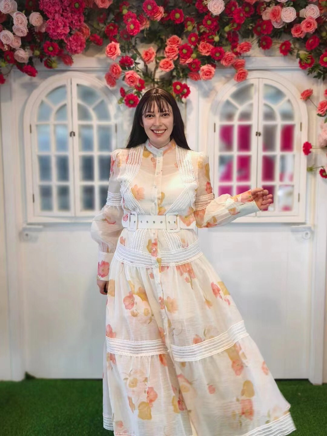 Zim** Linen colorful flower print Pearl button collar waist long sleeve dress with belt and suspender lining, white