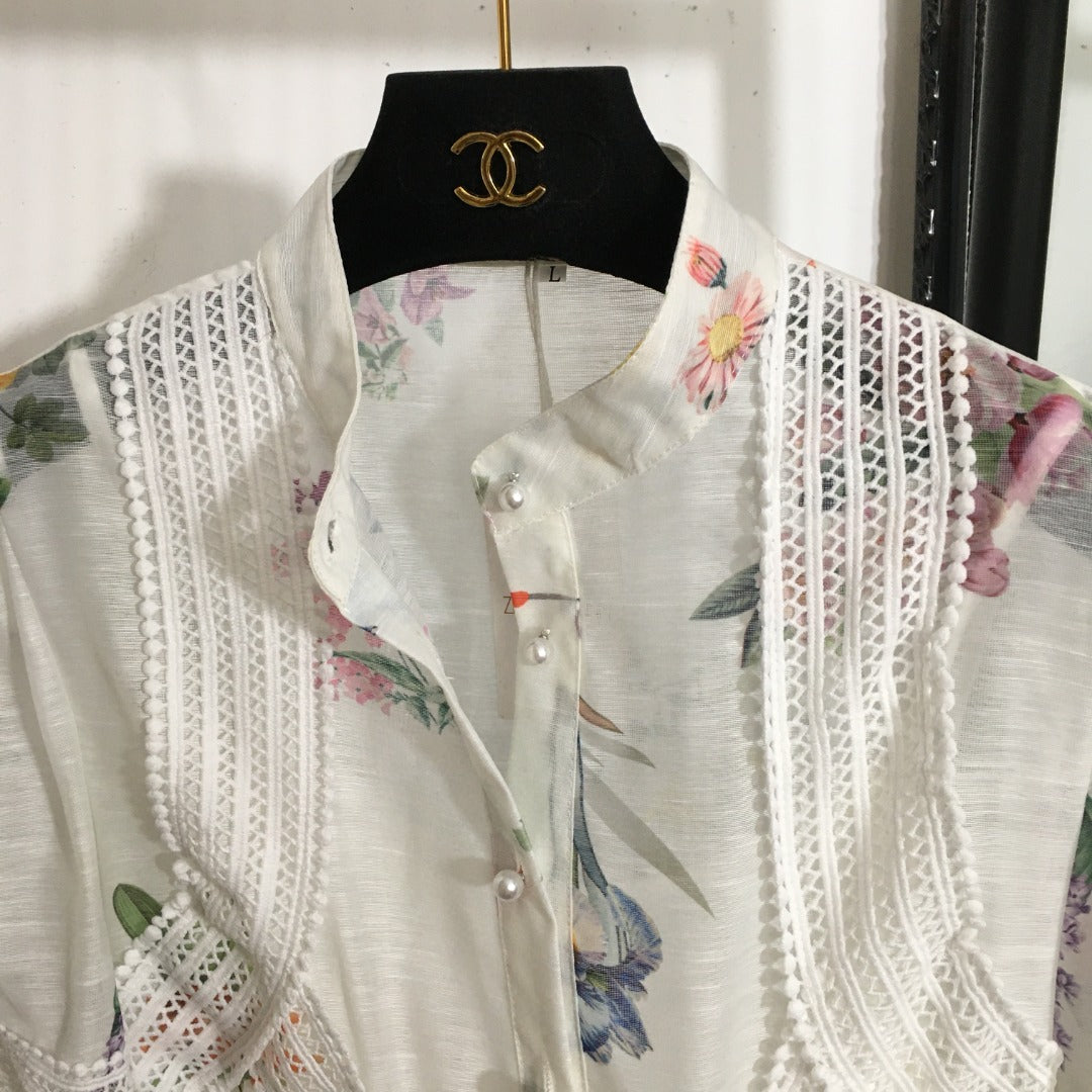 Zim** Linen colorful flower print Pearl button collar waist long sleeve dress with belt and suspender lining, white