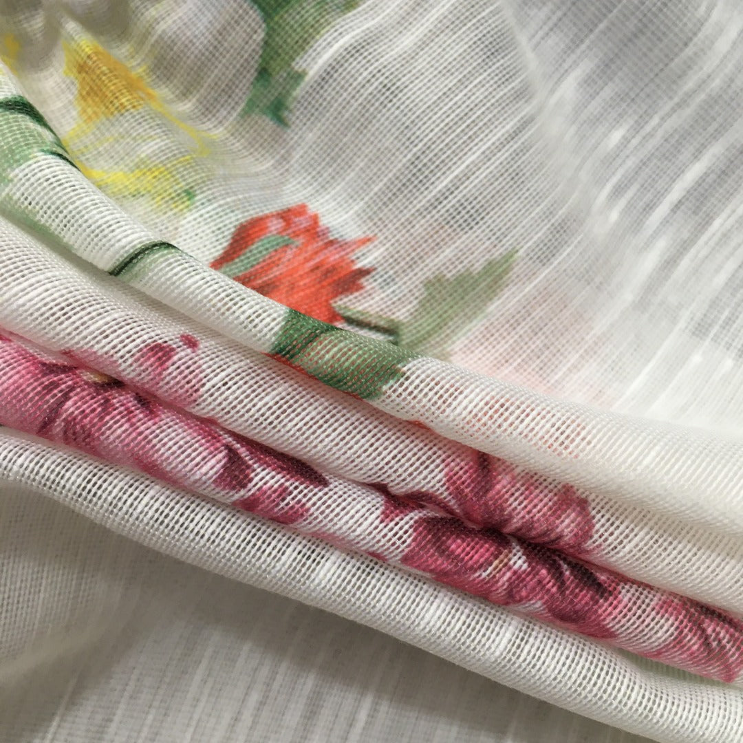 Zim** Linen colorful flower print Pearl button collar waist long sleeve dress with belt and suspender lining, white