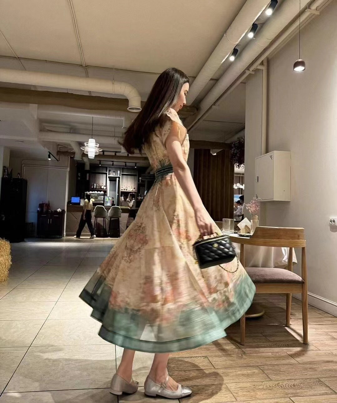 Zim** printed lapel waist short-sleeved dress with belt and suspender lining, green,