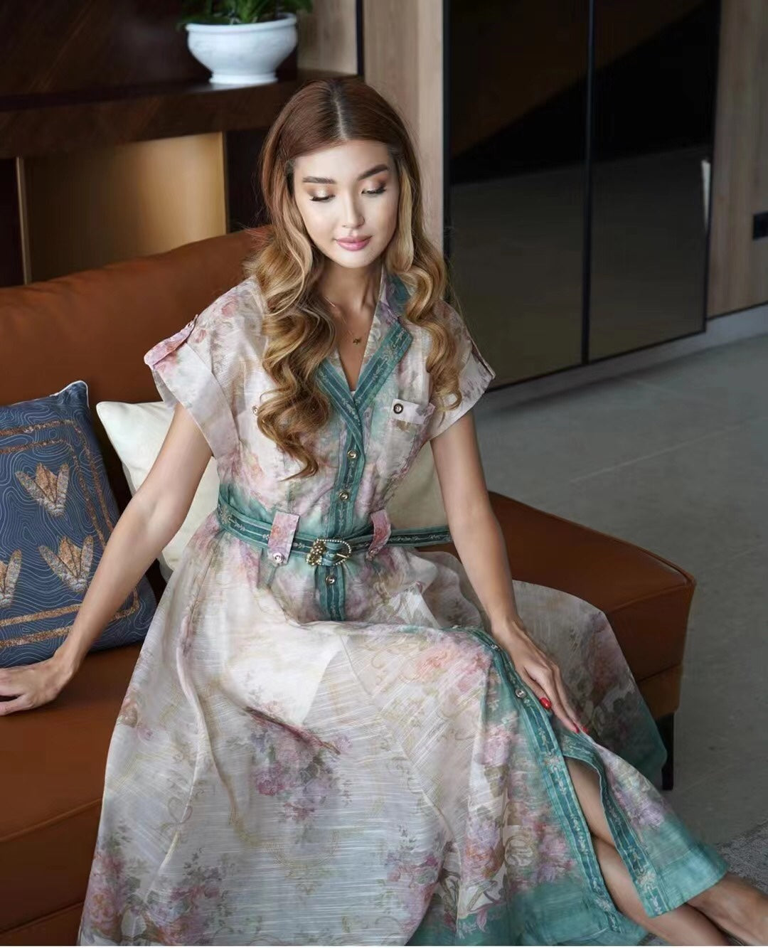 Zim** printed lapel waist short-sleeved dress with belt and suspender lining, green,