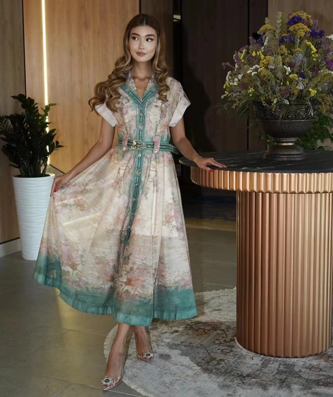 Zim** printed lapel waist short-sleeved dress with belt and suspender lining, green,