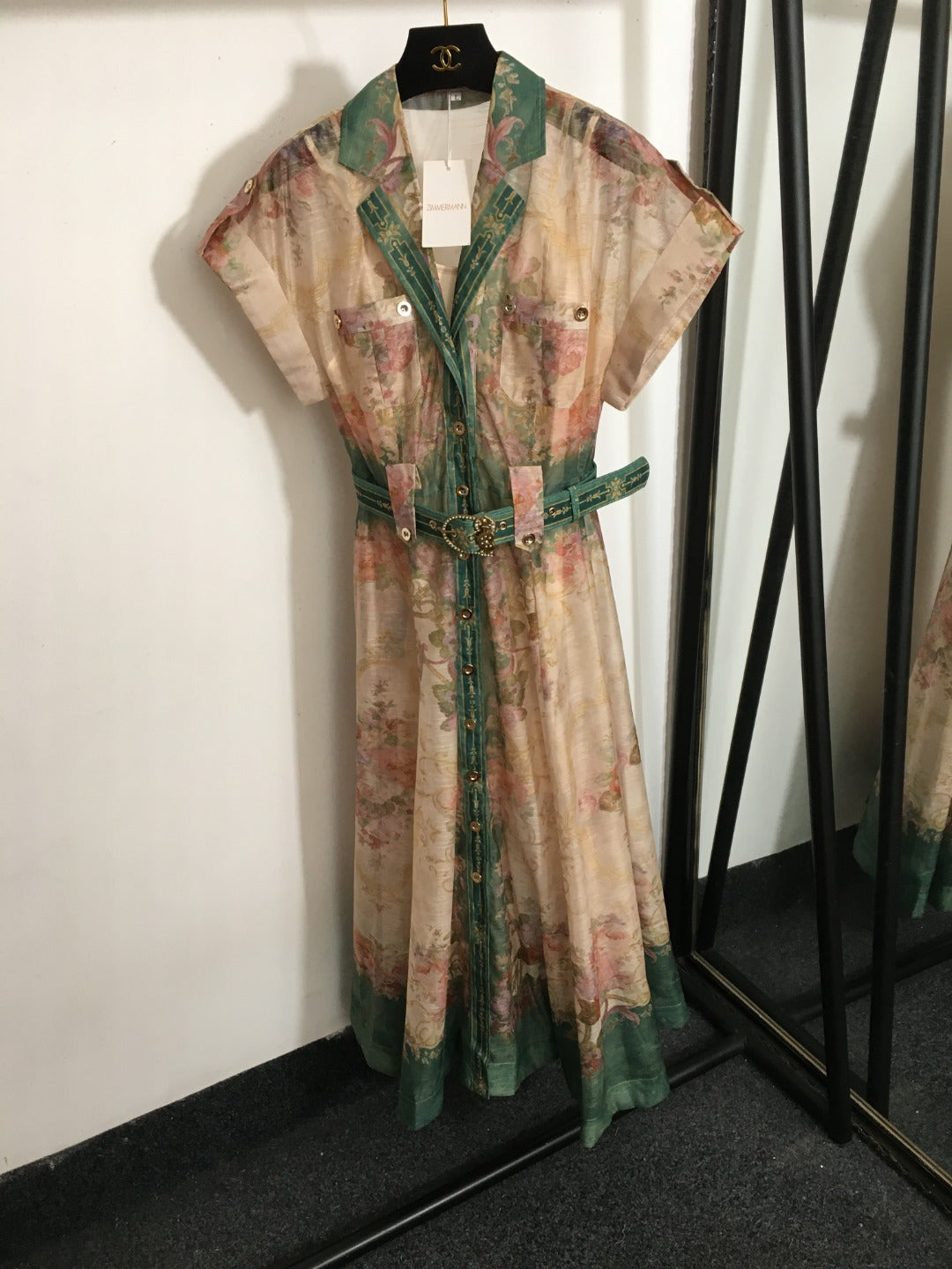 Zim** printed lapel waist short-sleeved dress with belt and suspender lining, green,