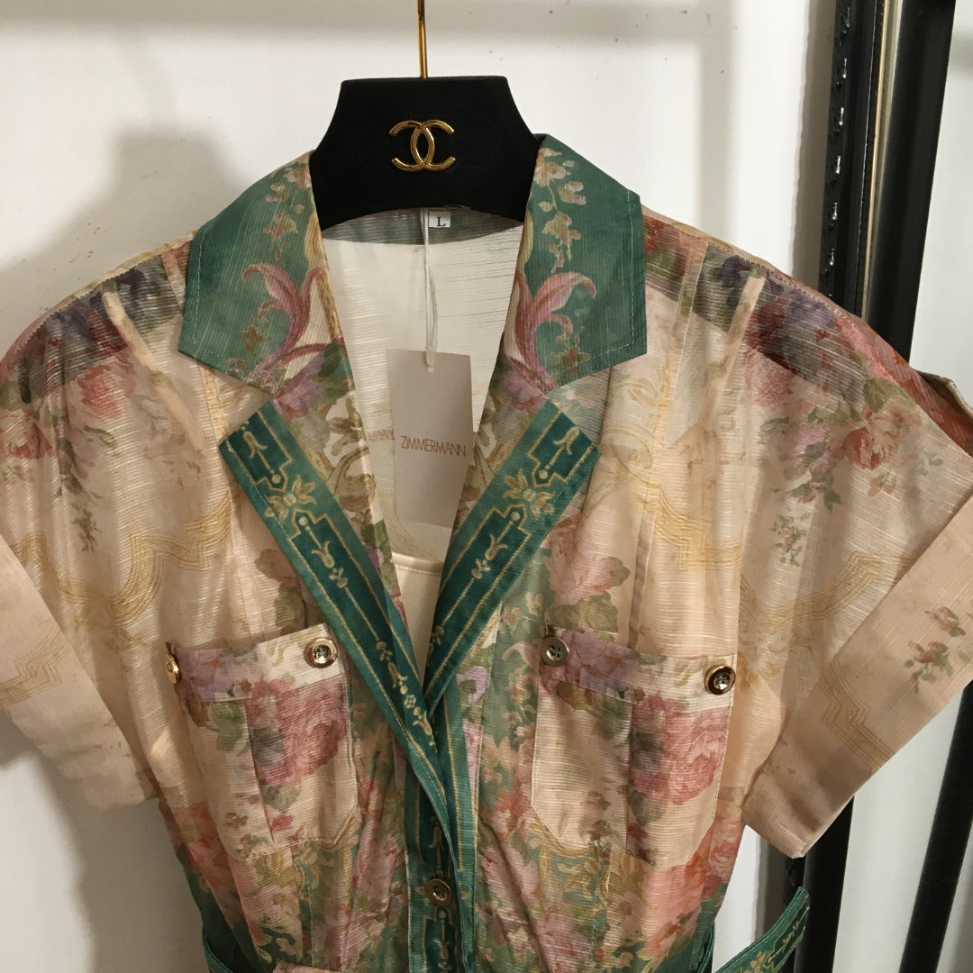 Zim** printed lapel waist short-sleeved dress with belt and suspender lining, green,