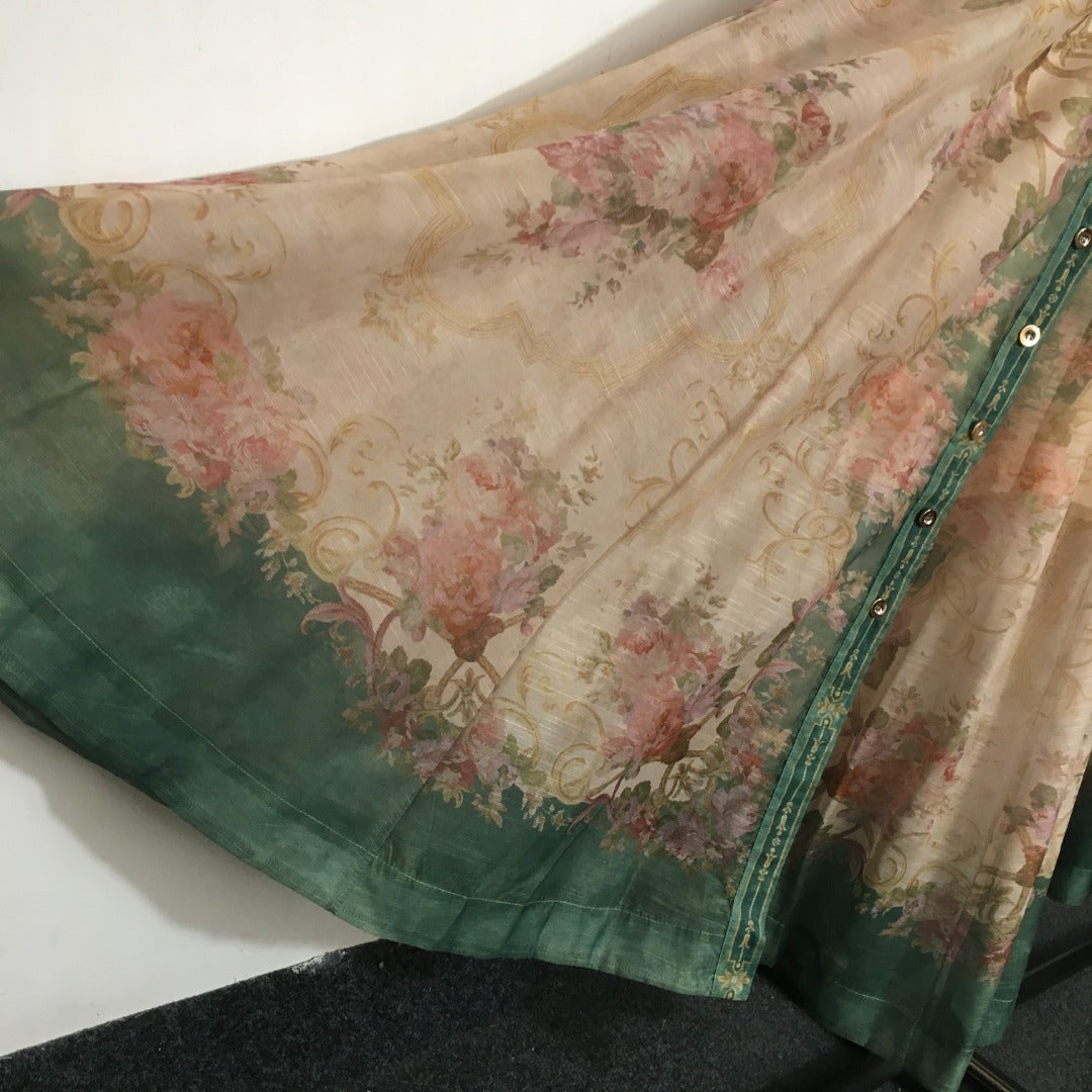 Zim** printed lapel waist short-sleeved dress with belt and suspender lining, green,