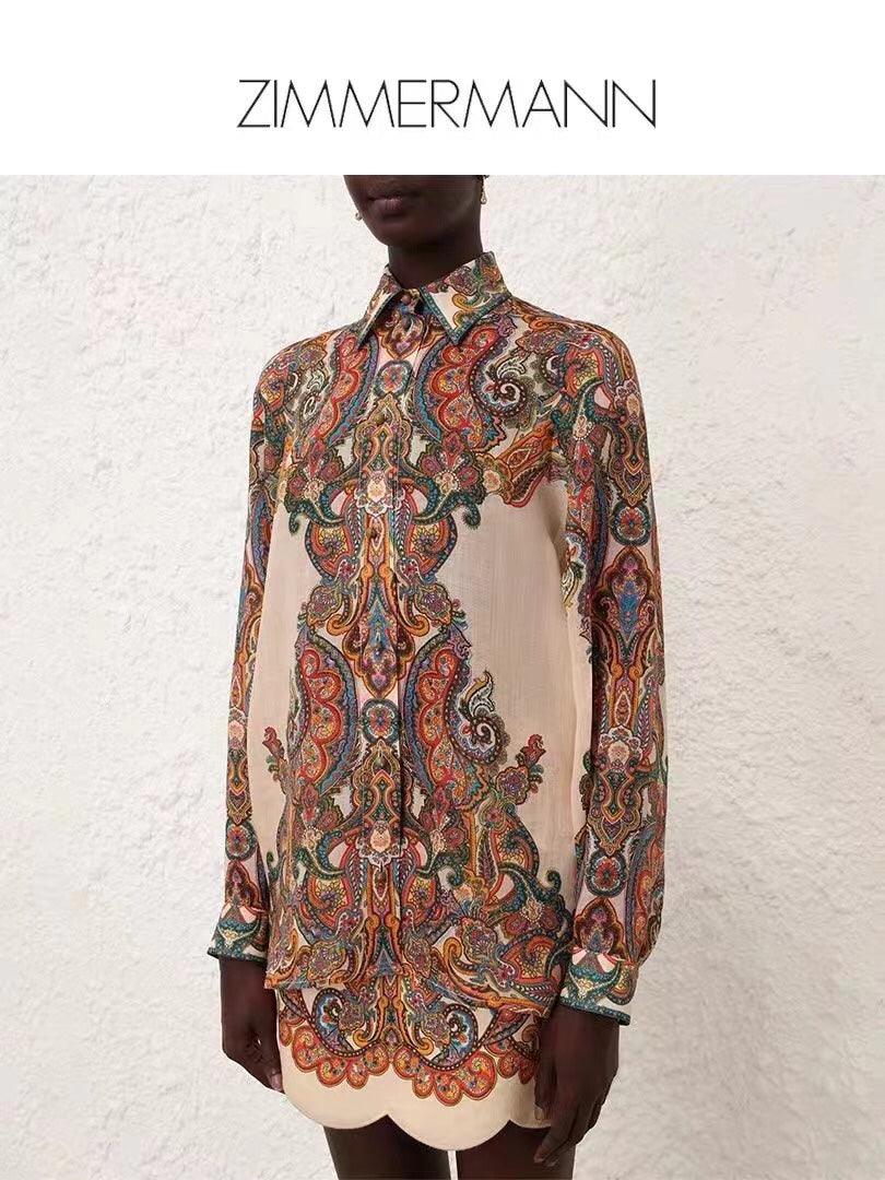 Zim** new suit, retro pattern printed long-sleeved shirt + wavy short skirt,