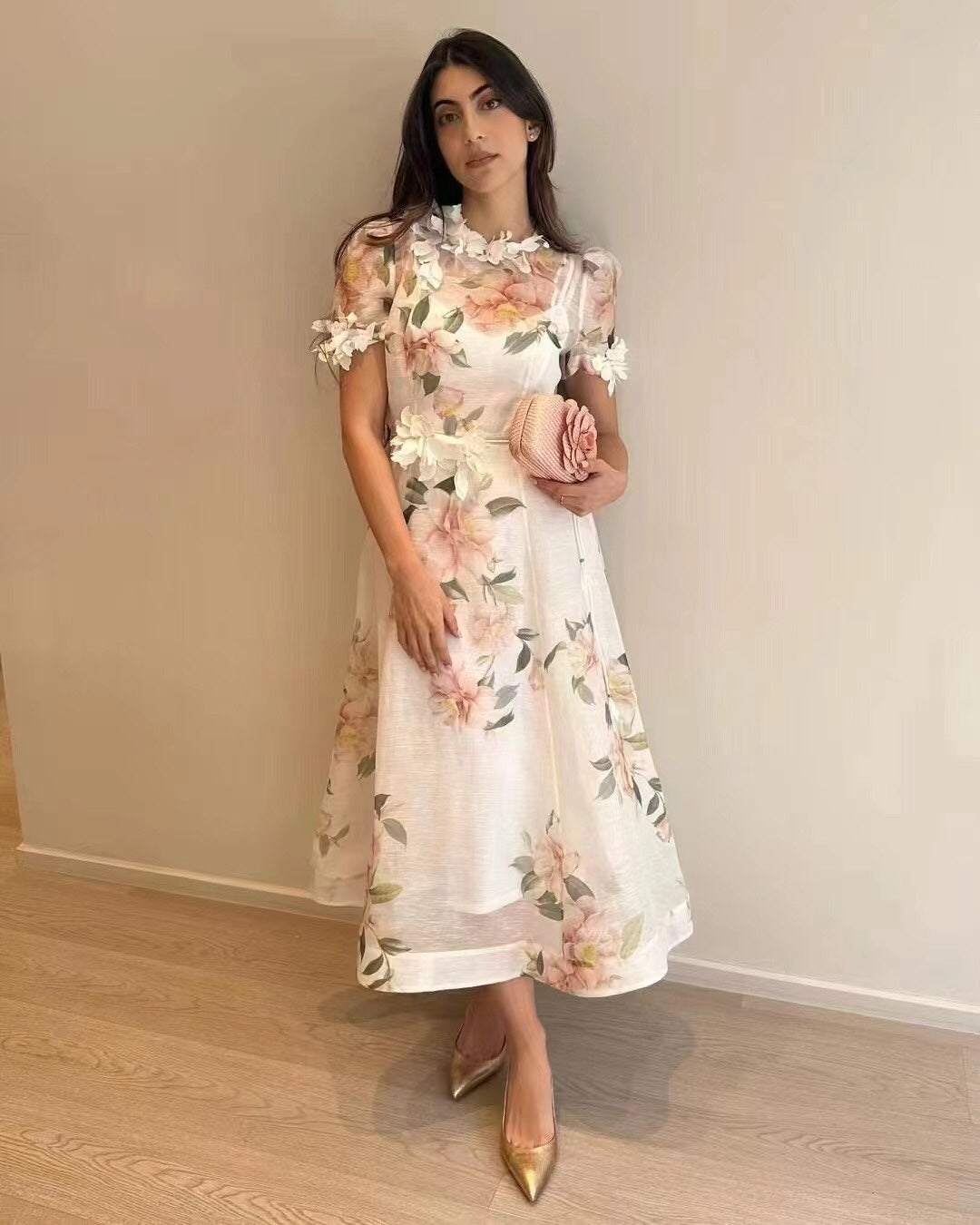 Zim** new three-dimensional flower decoration pink flower print tie waist short sleeve dress