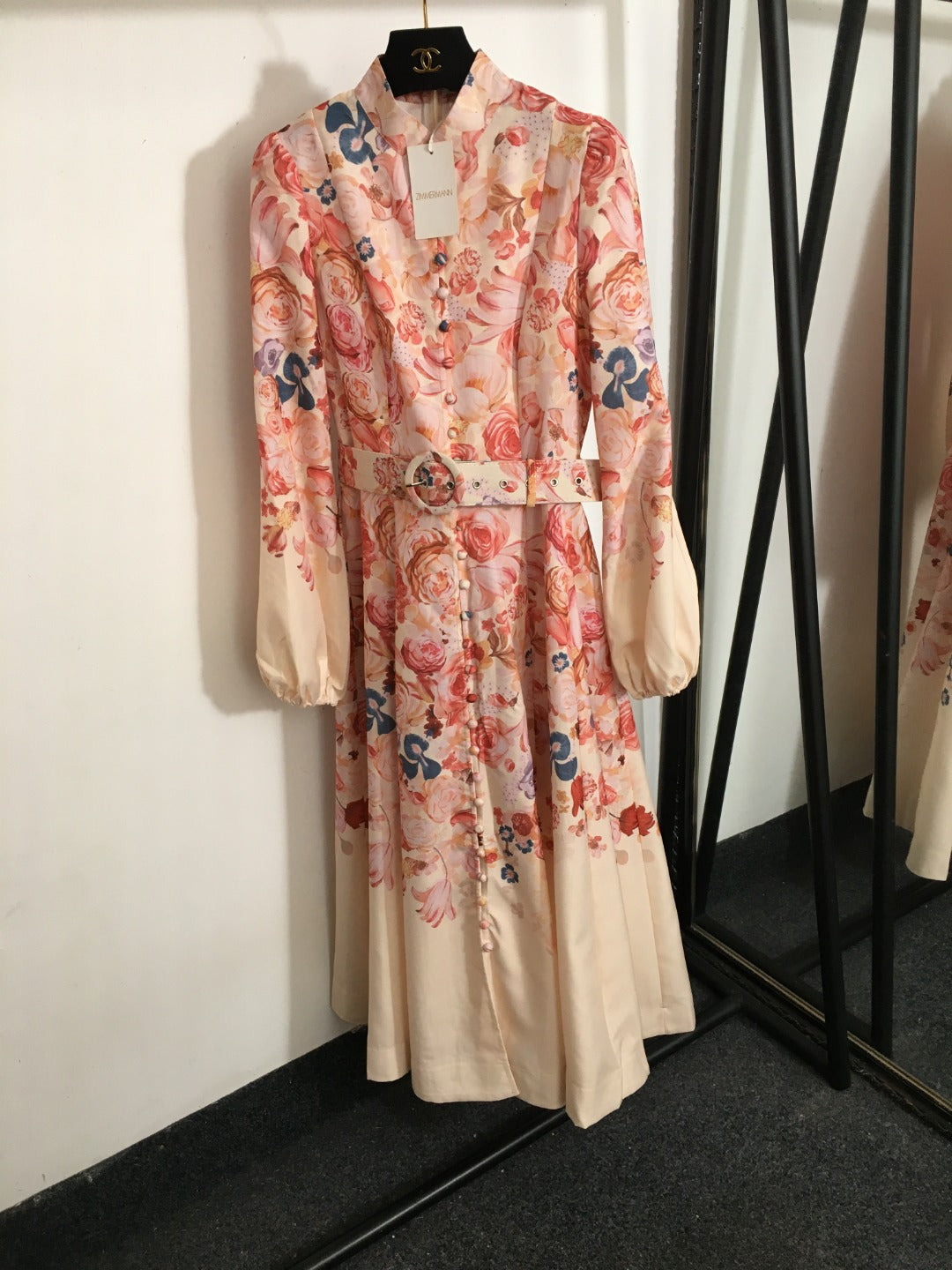 Zimmermann's newest rose flower print long-sleeved dress with belt, pink