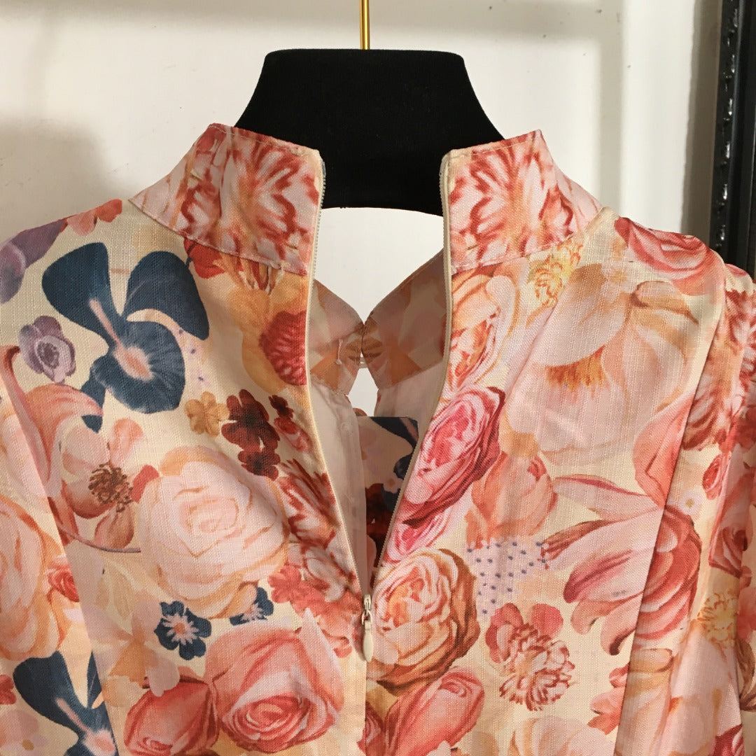 Zimmermann's newest rose flower print long-sleeved dress with belt, pink