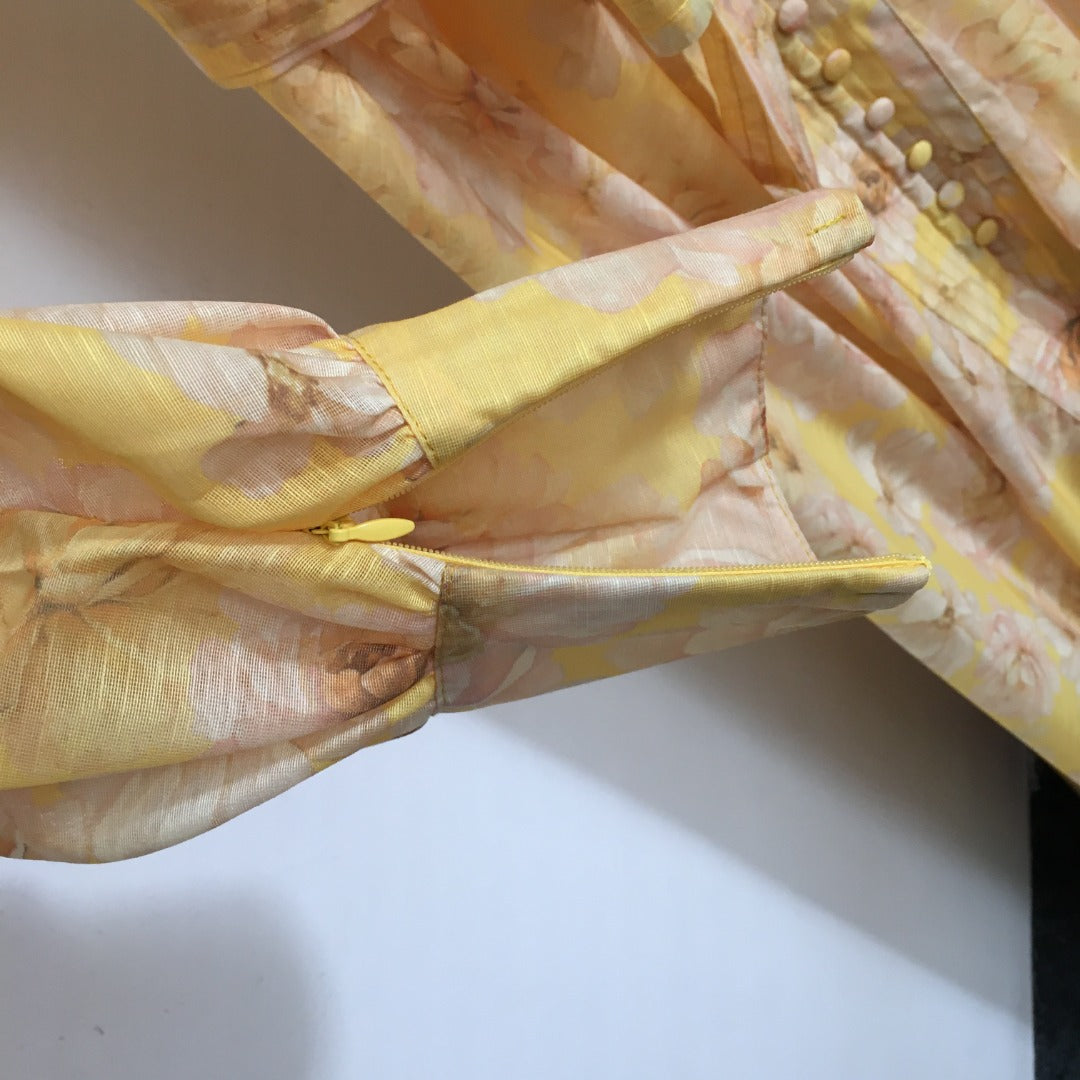 Zimmermann's newest floral print tie waist lantern long sleeve dress long skirt with suspender lining, yellow